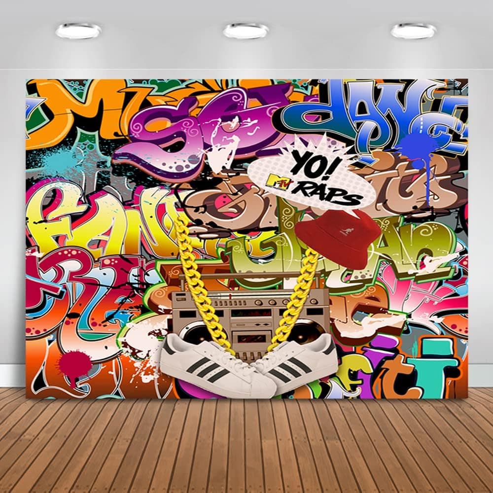 Mocsicka Hip Hop Graffiti Backdrop Retro 80s 90s Themed Birthday Party Decorations 7x5ft Vinyl Urban Art Graffiti Wall Photography Background