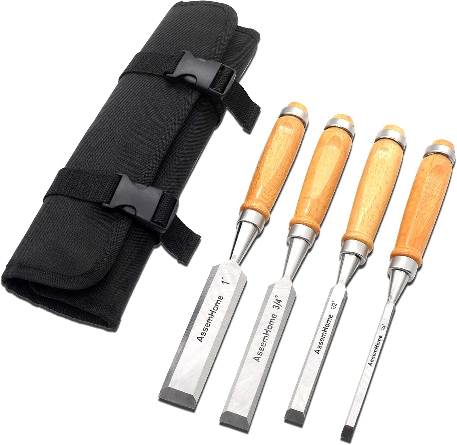 4pcs Wood Chisel Professional Woodworking Tools Wood Handle Chisel Tool Set with Storage Bag for Wood Carving(1/4", 1/2", 3/4", 1")