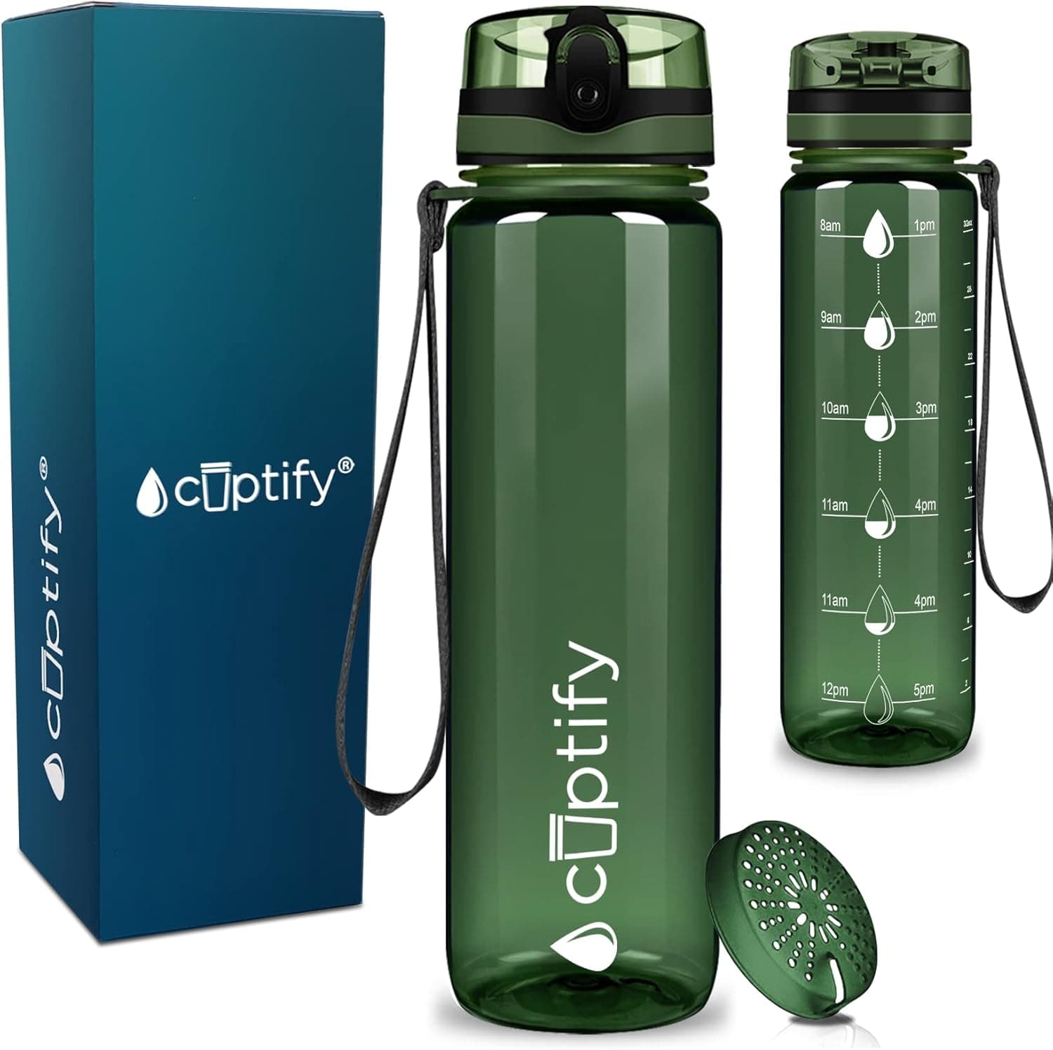 Cuptify Army Green Gloss 32 oz Motivational Workout Sports Water Bottle with Fitness Time Marker Wide Mouth Leakproof Tritan BPA Free Drink Water