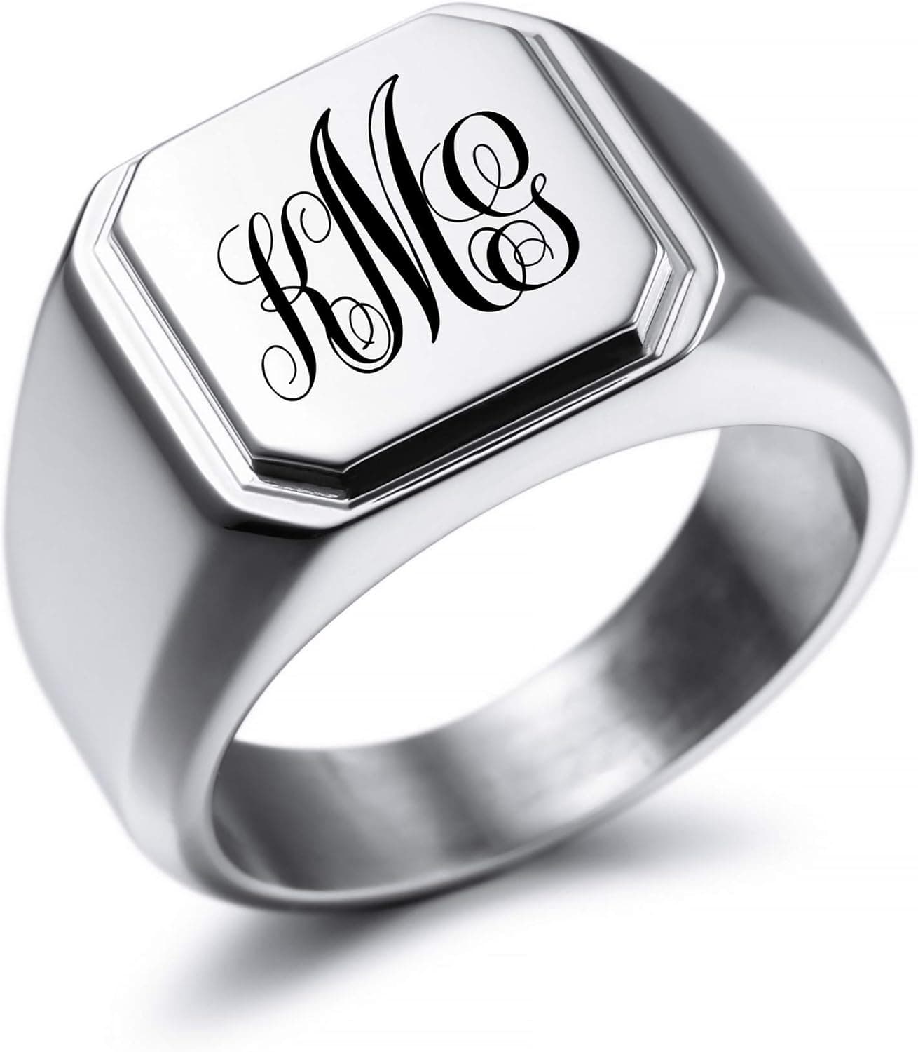 MeMeDIY Personalized Engraved Initial Monogram Signet Ring for Men Women Customize Stainless Steel Wedding Letter Rings Jewelry Bundle with Ring Size Adjusters