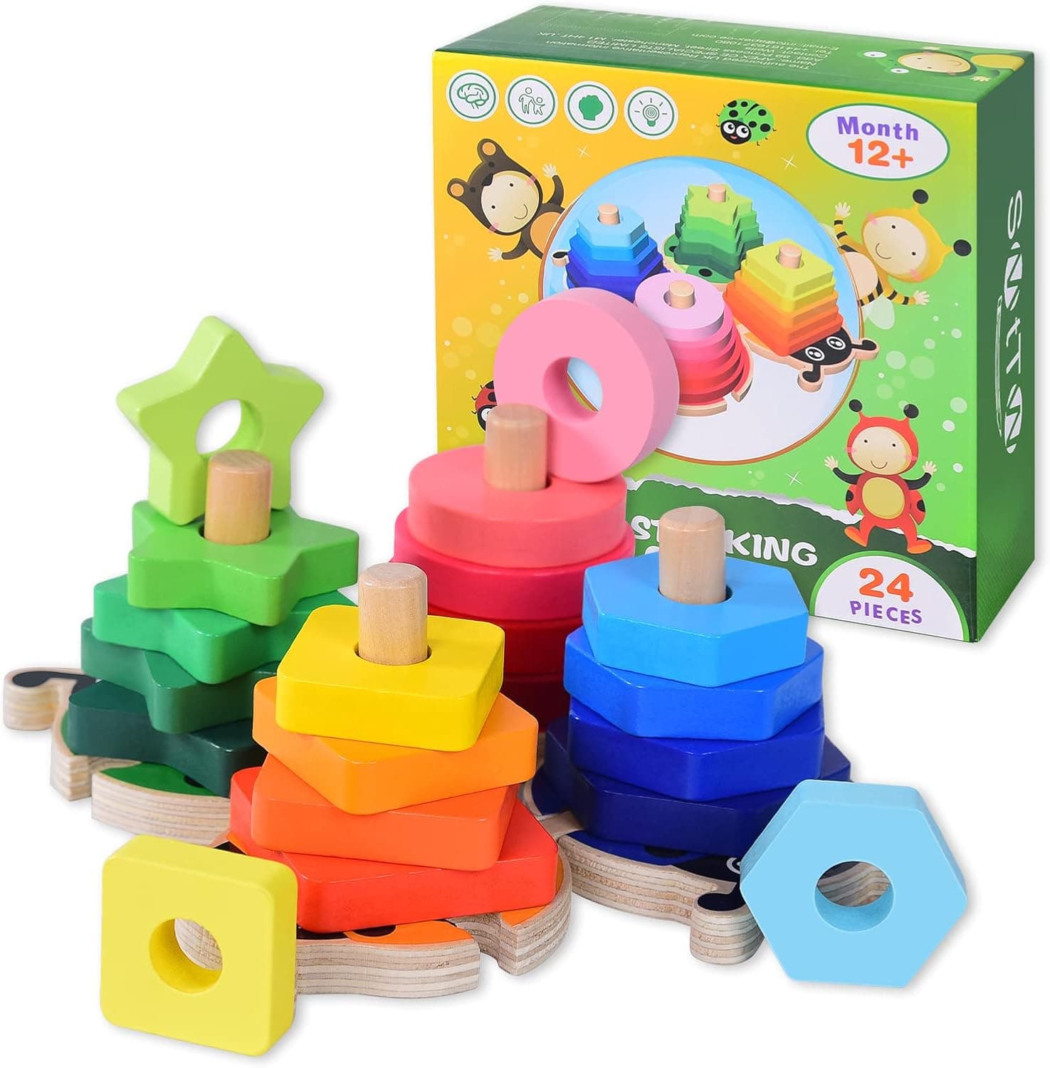 smttw Wooden Sorting & Stacking Toys for 1-3 Toddlers, Montessori Toys Educational Shape Sorter Color Recognition Toys for Boys Girls, Preschool Kids Learning Puzzle Gift(4 Shapes 20 Pieces)