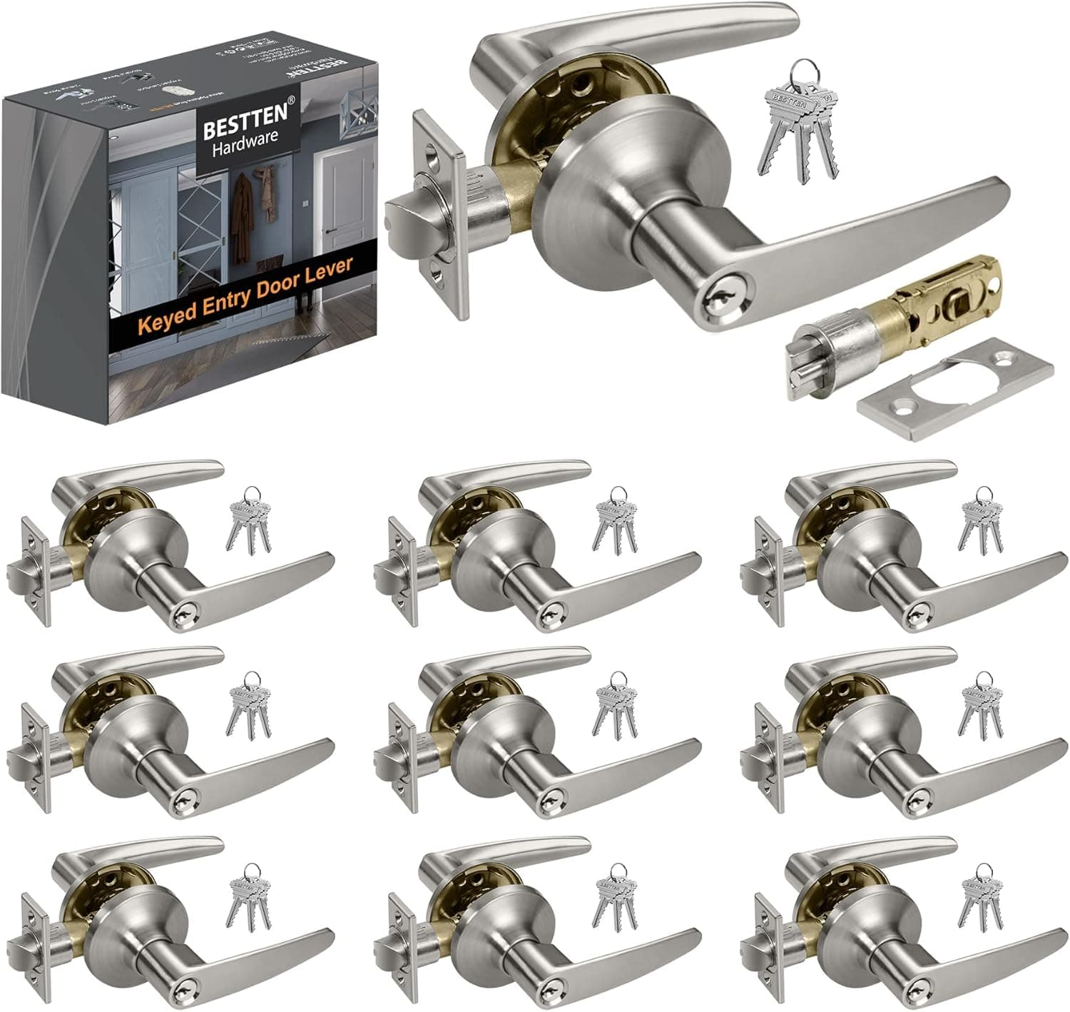 BESTTEN [10 Pack] Entry Door Lever with Removable Latch Plate, All Metal, Roma Series Keyed Different Door Handle Lock, Satin Nickel