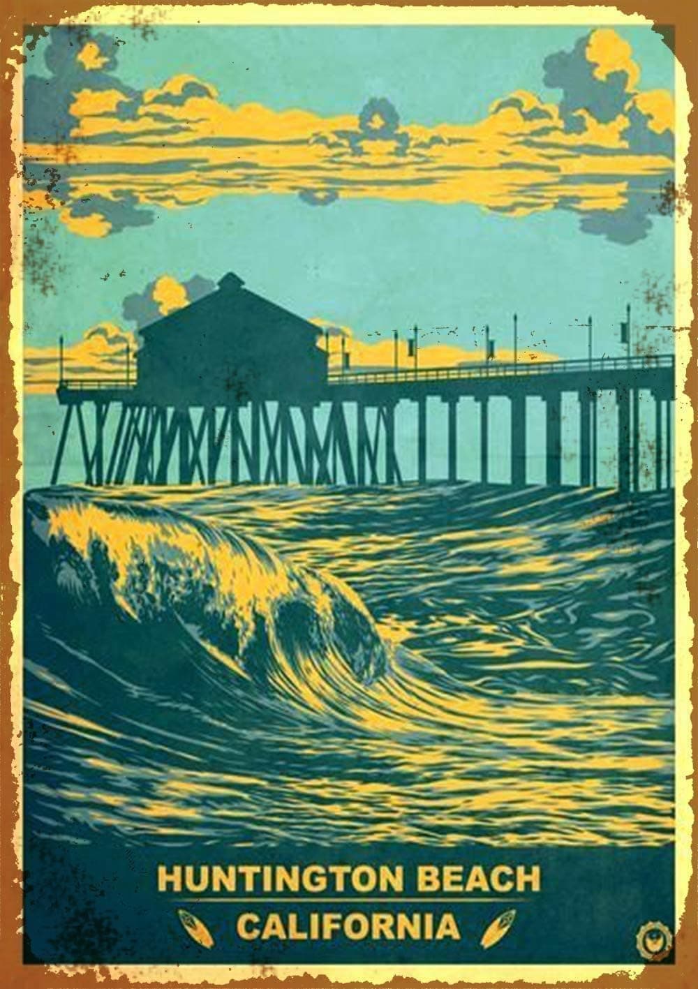 asbwuo Huntington Beach California Vintage Sign Metal Tin Sign Outdoor Street and Home Bar Club Cafe Living Room Bathroom Kitchen Home Art Wall Decor Plaque 8x12 Inch