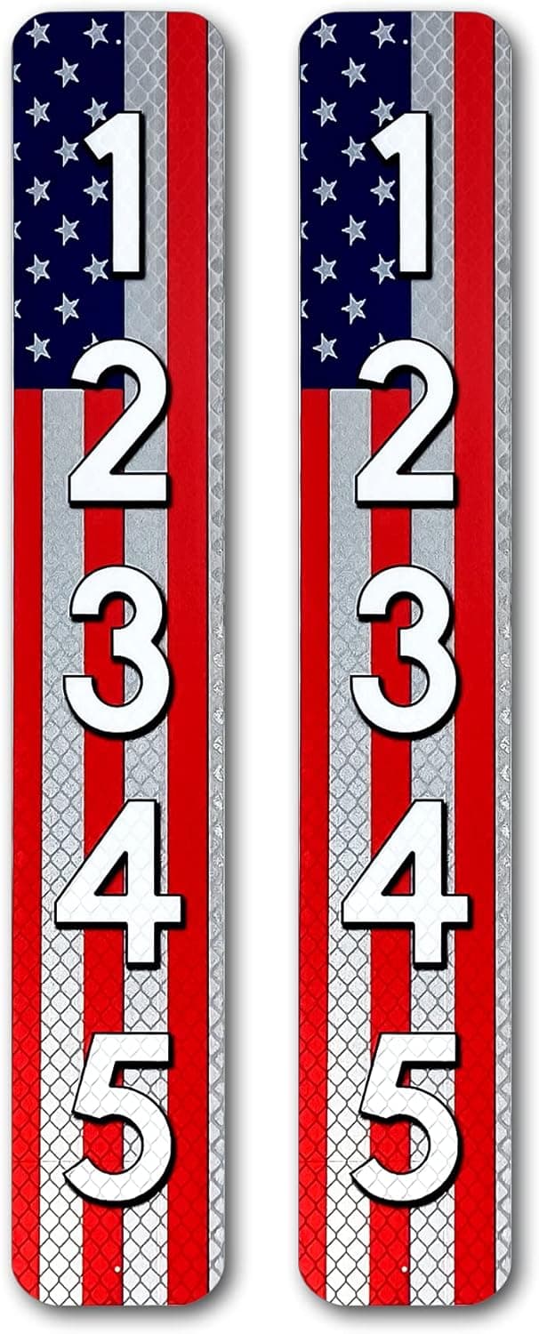Curb N Sign Mailbox Numbers Plaques - Made of Premium Reflective Silk-Screened Aluminum - Super Reflective Mailbox Numbers for Outside – Pack of 2 Customized Mailbox Number Plaque - Pre-Drilled (American Flag)