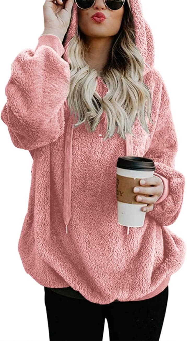 Women Casual Double Fuzzy Sweatshirt Faux Fleece Zip Pullover Hoodies Coat Outwear S-XXL