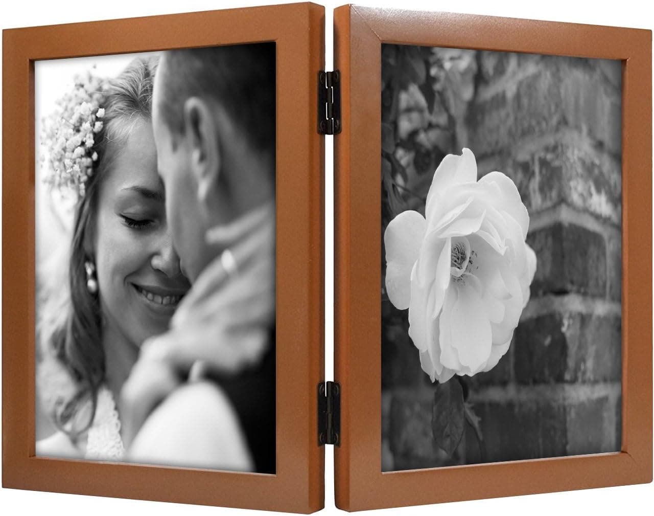 Golden State Art, Wood Table Top Folding Vertical Photo Frames for Double 5x7 Pictures with Real Glass, Coffee Walnut