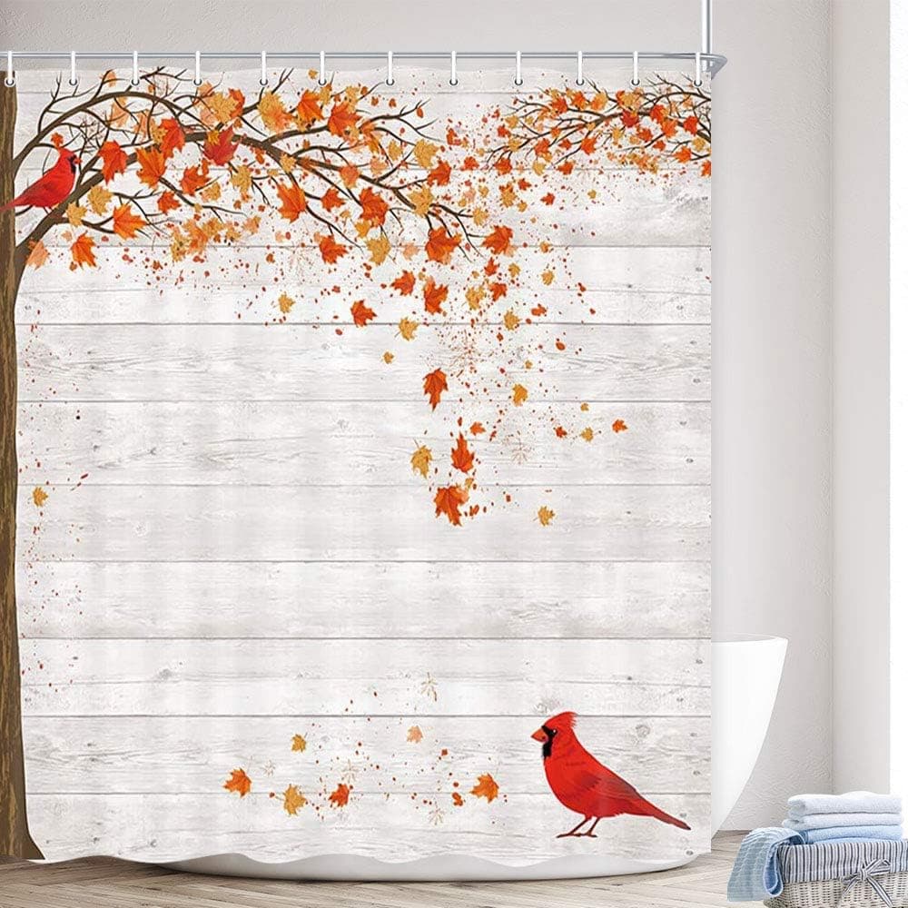 MERCHR Fall Shower Curtain, Autumn Season Red Maple Leaves Cardinal Bird on Gray Wood Country Rustic Farmhouse Barn Wall Art Fabric Bathroom Shower Curtains with Hooks Set, 69x70 inch