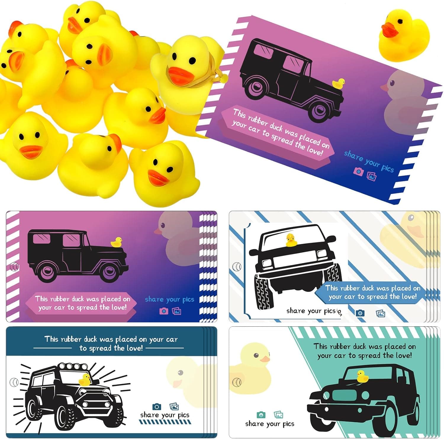 32 Pieces Duck Card and 32 Pieces Mini Rubber Duck with 48 Mixed Color Rubber Band Float Bath Toys Printed Car Duck Tags for Ducking Ducky Toys for Bath Supplies (Popular Style)