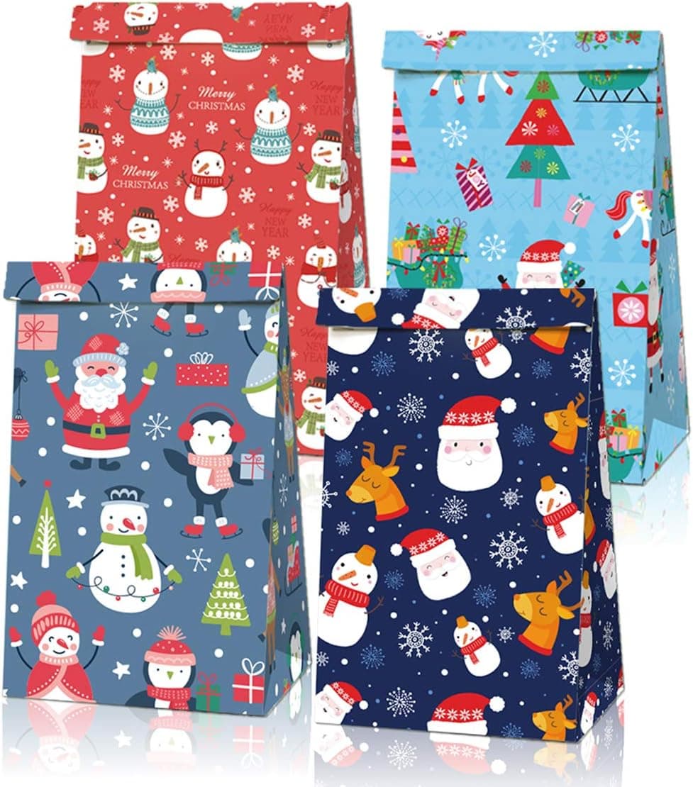 12 Packs Christmas Treats Bags+18 Pcs Christmas Stickers Party Favors,Kids Christmas Candy Bags,Mini Paper Gift Wrap Bags for Treats Snacks Christmas Goodie Bags Party Supplies