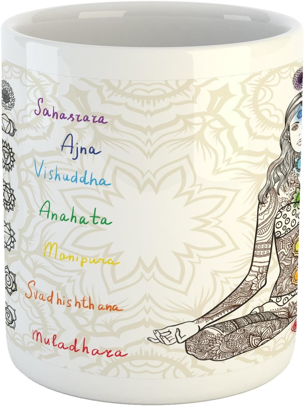 Ambesonne Colorful Mug, Sketch Image of Yoga Posed Girl in Peace with Spots Design Relaxation, Ceramic Coffee Mug Cup for Water Tea Drinks, 11 oz, Multicolor