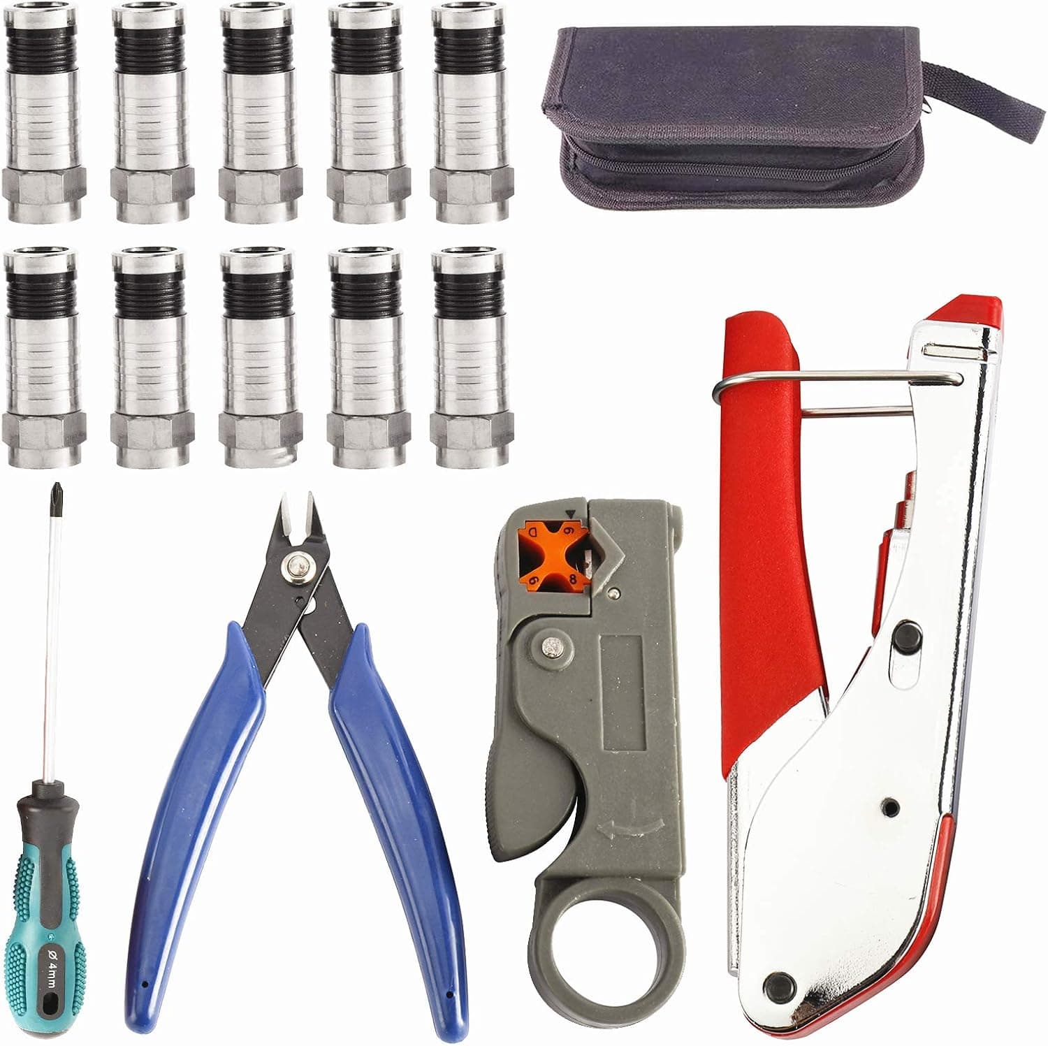 Patioer Coax Cable Crimper Tool Kit, 14 Pcs Coaxial Compression Tool Cable Stripper with 10Pcs Compression Connectors for Wire Strippers Connector Coaxial RG59 RG6F BNC RCA Crimper Cable Strippers