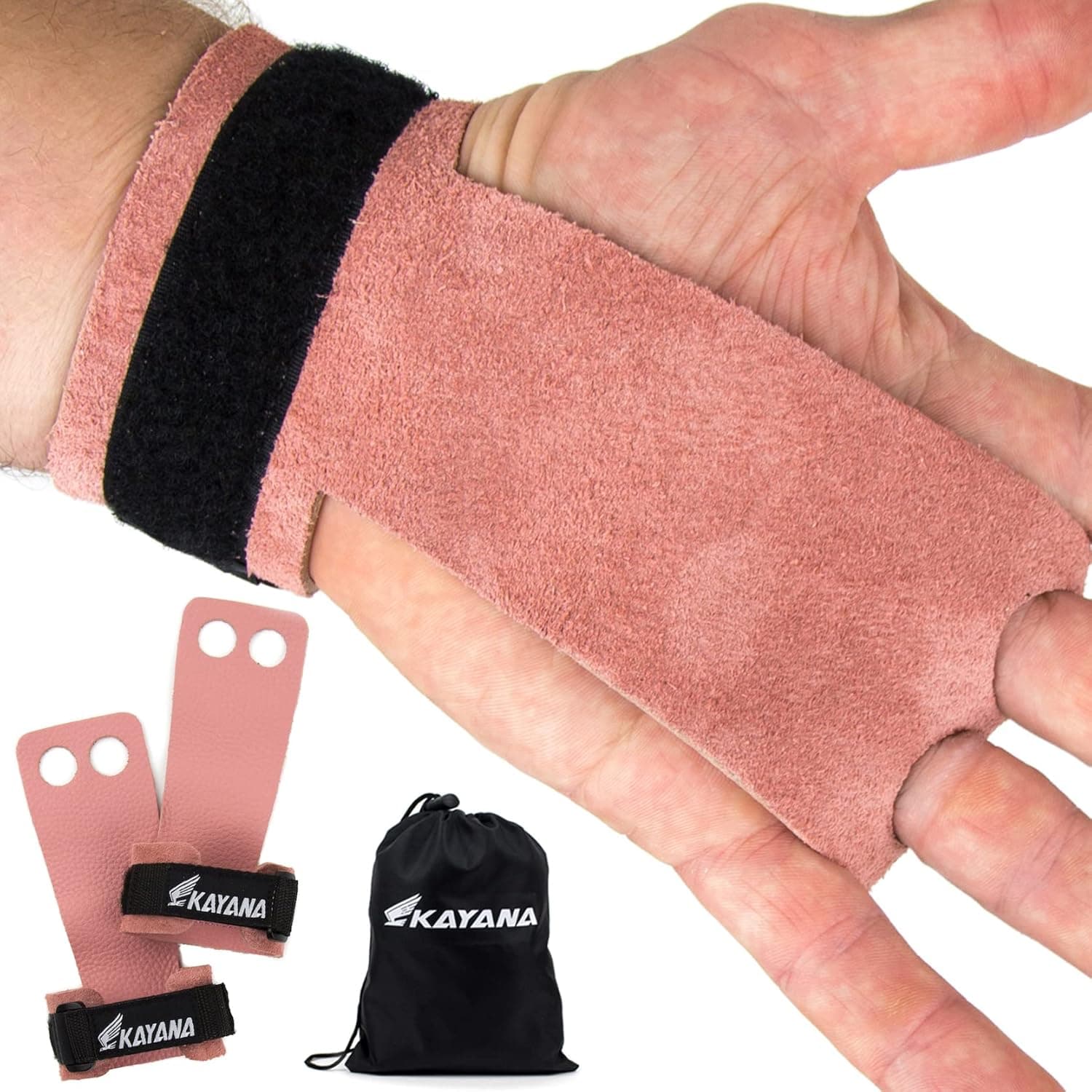 KAYANA 2 Hole Leather Gymnastics Hand Grips - Palm Protection and Wrist Support for Cross Training, Kettlebells, Pull ups, Weightlifting, Chin ups, Workout, & Exercise