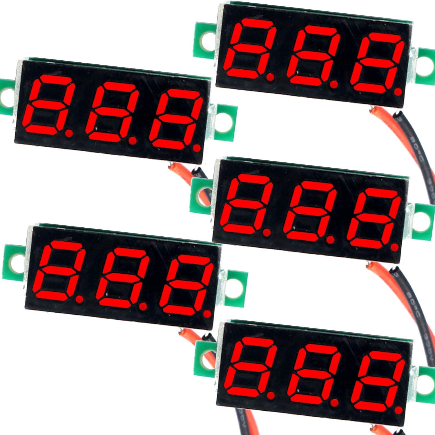 (5 Pack) JacobsParts DC 2.4-30V 2-Wire Voltmeter 3-Digit LED Display Panel Volt Meter Digital Voltage Tester (Red)