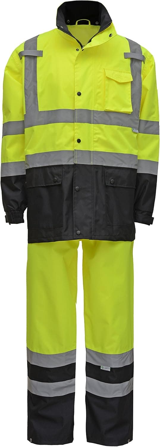 CJ Safety CJHVRJ3002 High Visibility Black Bottom Safety Rain Jacket & Pants Suit (4XL)