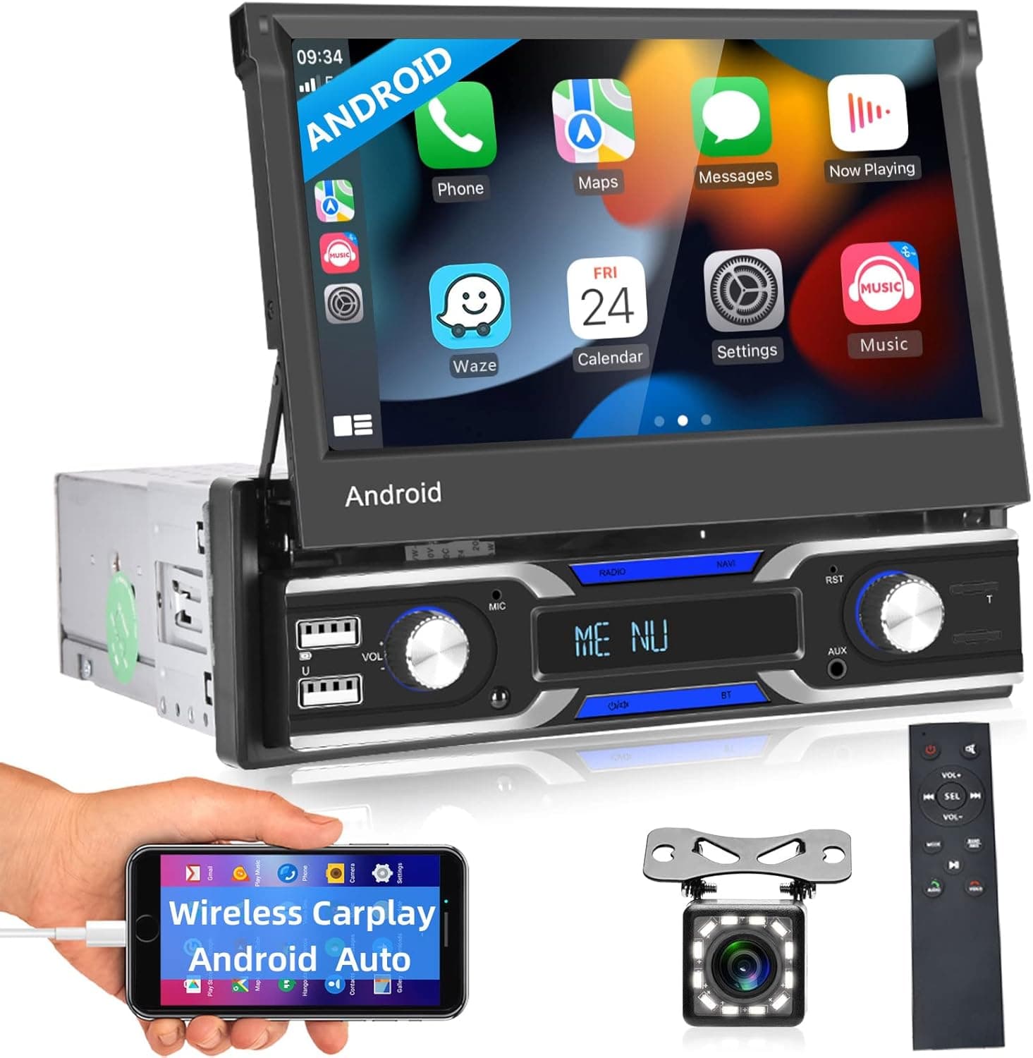 Podofo Single Din Wireless Apple Carplay Android Car Stereo Support Android Auto GPS Navigation Bluetooth WiFi FM USB SWC 7” Flip Out Touchscreen Radio Audio in Dash with Backup Camera Volume Knob