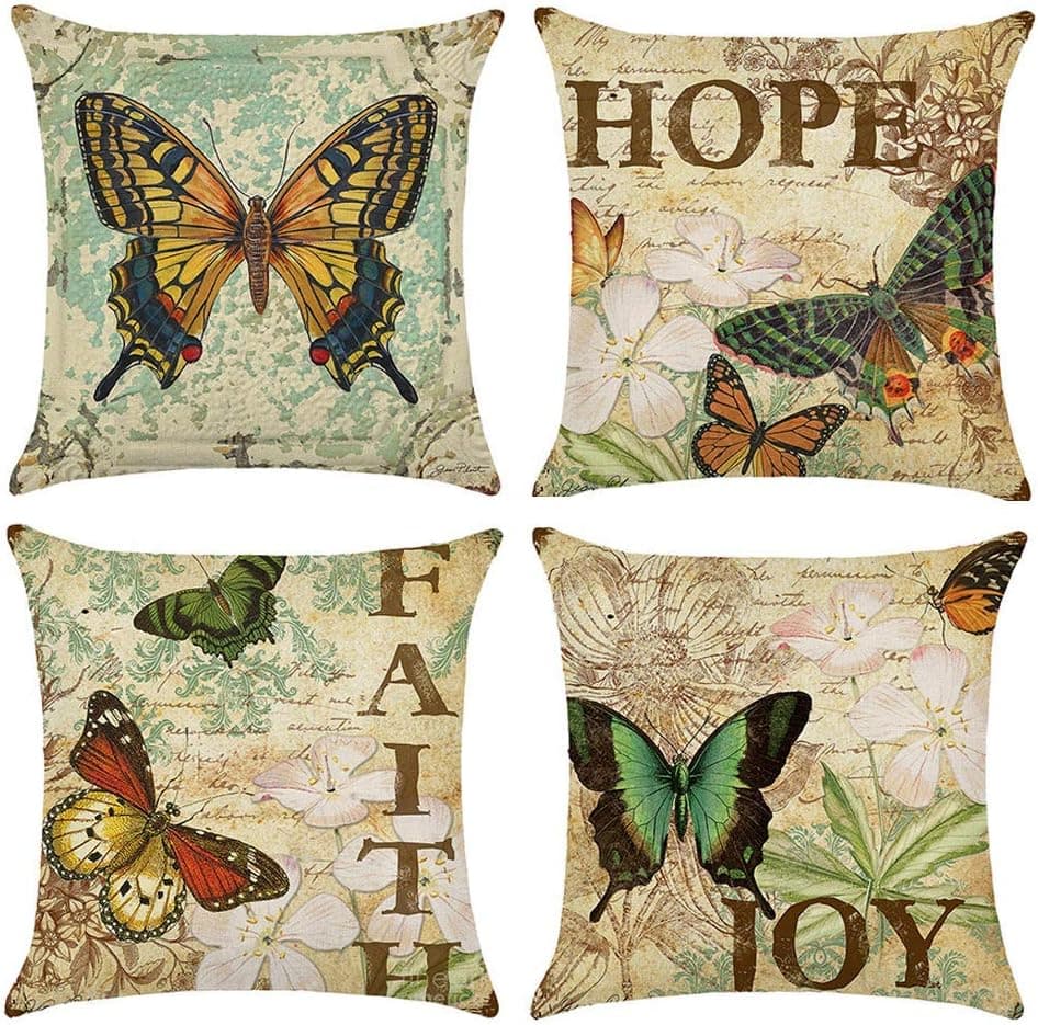 DUSEN Decorative Cotton Linen Set of 4 Throw Pillow Cushion Covers 18 x 18 inch for Sofa, Bench, Bed, Auto Seat (Butterfly Pattern)…