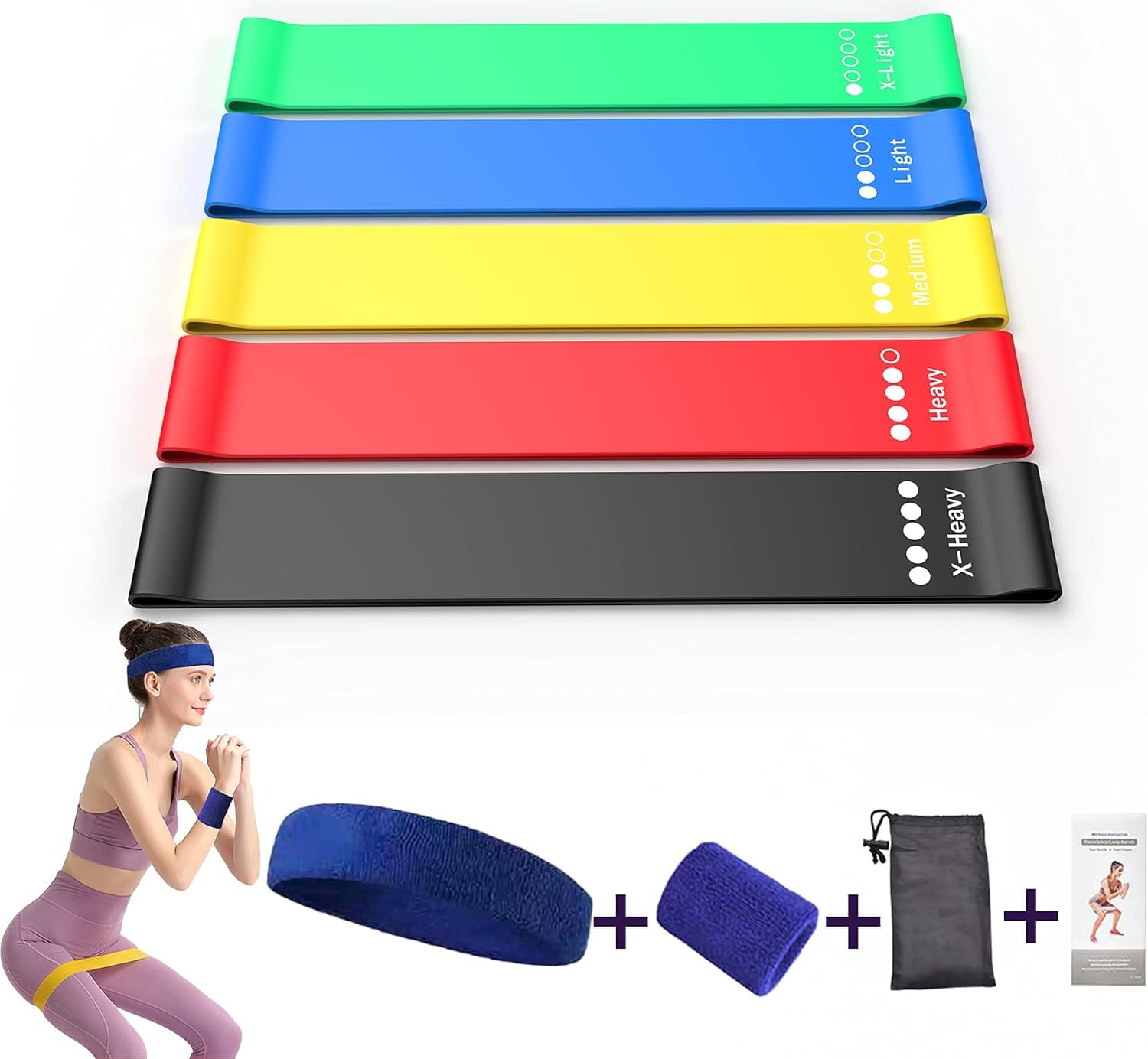 Resistance Bands for Arms Leg Thigh Booty Squat Physical Therapy, 5 Heavy & Light Resistance Levels, Mini Gym Loop Exercise Bands for Men Women Kids Elderly, Wristband Headband Carry Bag Guide - 9 Set