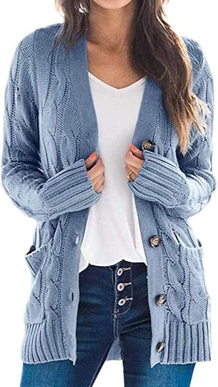 Ainiel Women's Long Sleeve Cable Knit Sweater Cardigan Sweater Button Loose Outerwear with Pockets (Light Blue, Large)