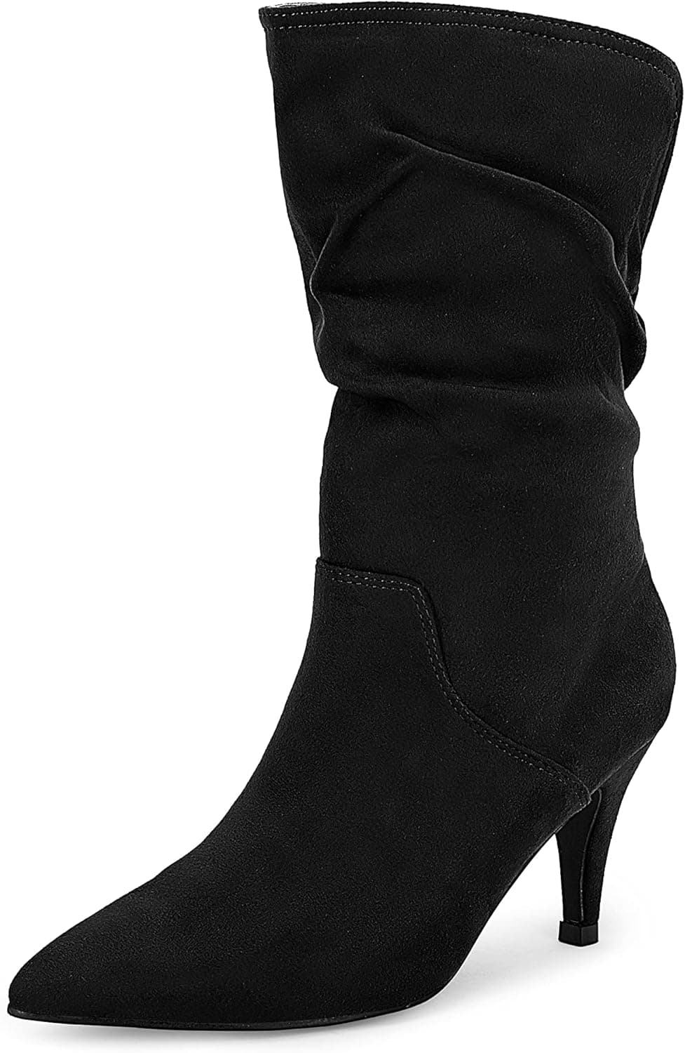 Women's Mid Calf Slouchy Boots High Heel Faux Suede Boots Pointed Toe Slip On Fashion Western Booties