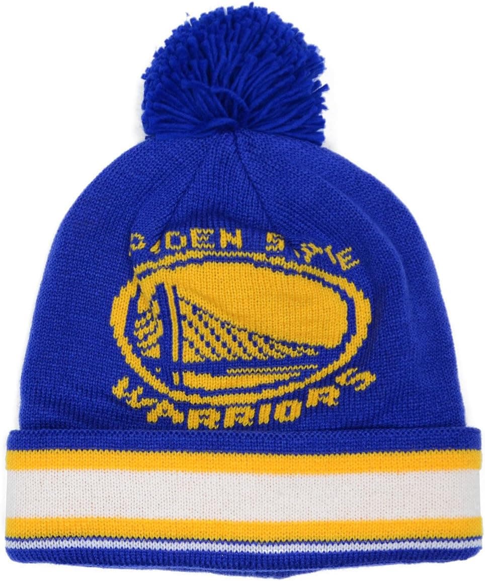 adidas Golden State Warriors Solid Logo Striped Cuff Pom Knit Beanie Hat/Cap