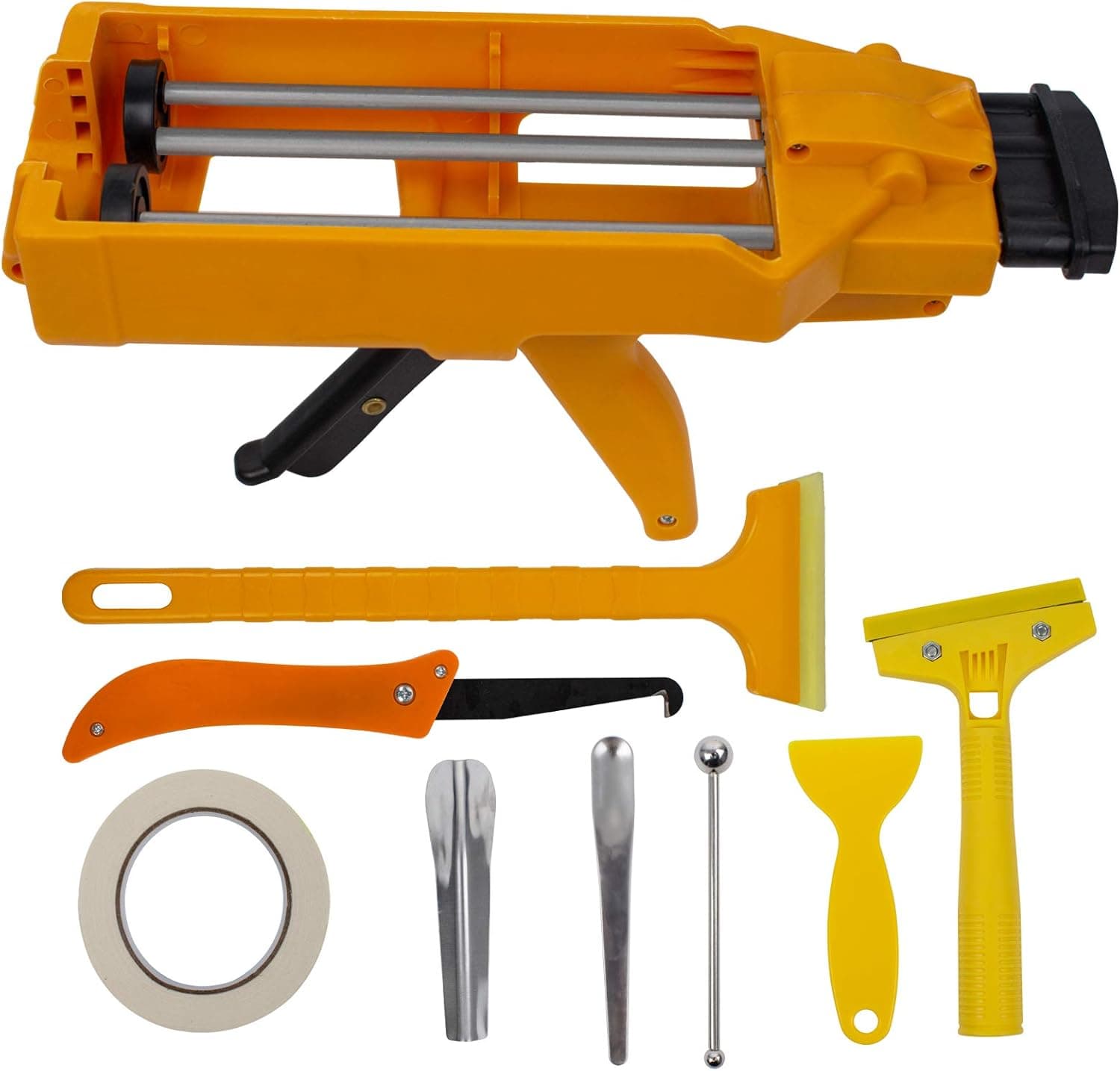 NADAMOO Double Caulking Gun for 400 mL/13.5 fl oz (1:1 Mix Ratio), Dual Component Epoxy Applicator with 8 Pieces Caulk Tools, Hand Manual Double Cartridge Panel Bond Adhesive Dripless Caulk Gun