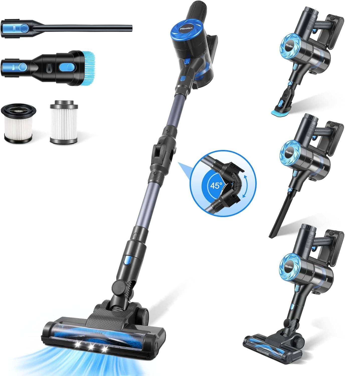 Moolan Cordless Vacuum Cleaner,380W Stick Vacuum with 28Kpa Suction,6-in-1 Rechargeable Vacuum,45mins Max,Lightweight Bagless Vacuum with LED Headlights for Hardwood Floor Low-Pile Carpet Pet Hair