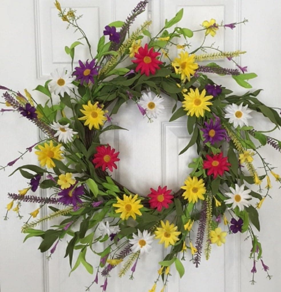 Keep Smiling Cheerful Daisy Door Wreath 22 Inches Handmade Decorative Wreath With Yellow, Pink, Purple And White Daisies