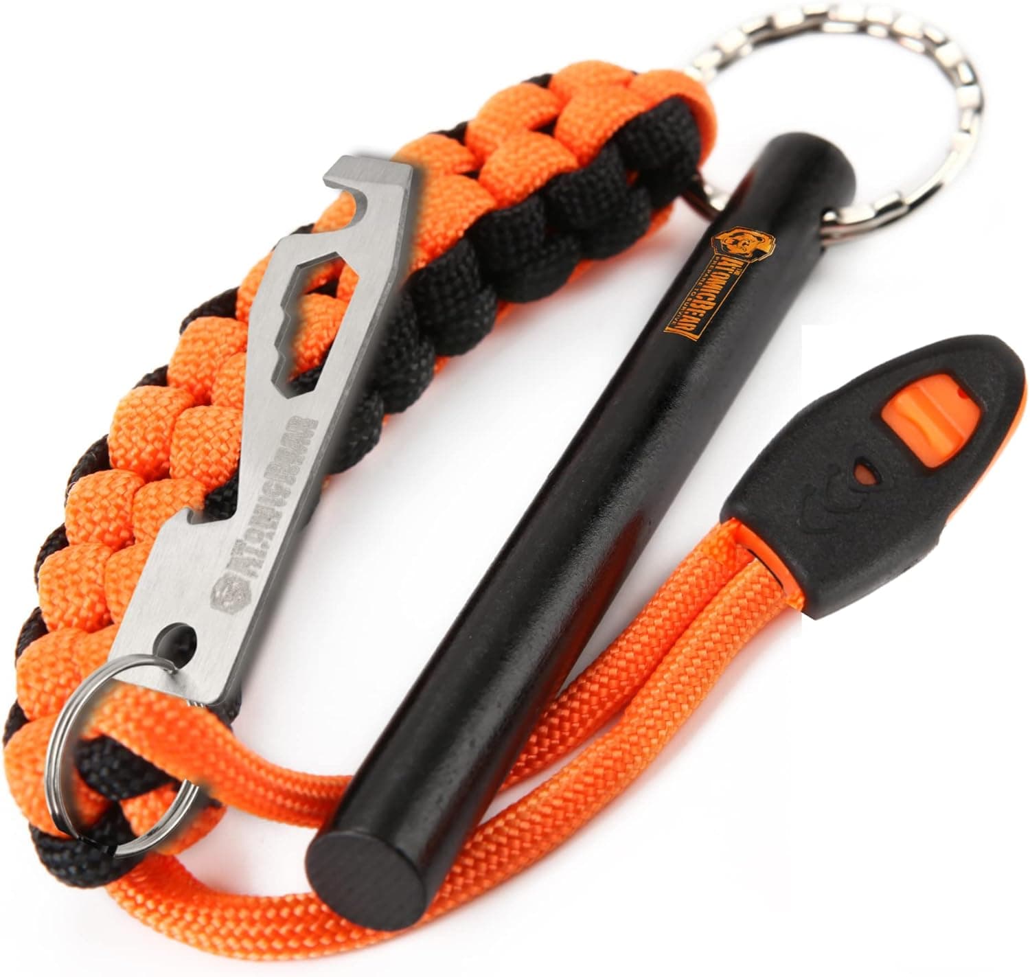 Ferrocerium fire Starter Survival Tool - Ferro Rod kit with Flint, Paracord, Emergency, Whistle, Tinder and Waterproof Container - fire Steel ferrorod 4” x ⅜” for Hiking Camping and Survival Gear