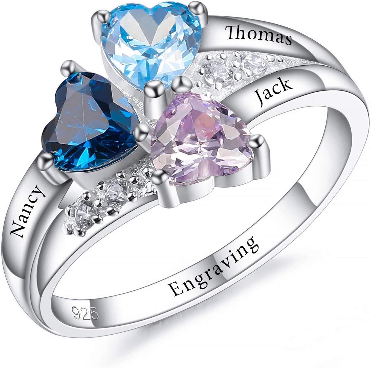 VIBOOS Personalized 925 Sterling Silver Promise Ring Engraving 2/3/4 Names Rings Custom Text with Birthstones for Women Girls Engagement Wedding Set BBF Name Rings Mom Jewelry
