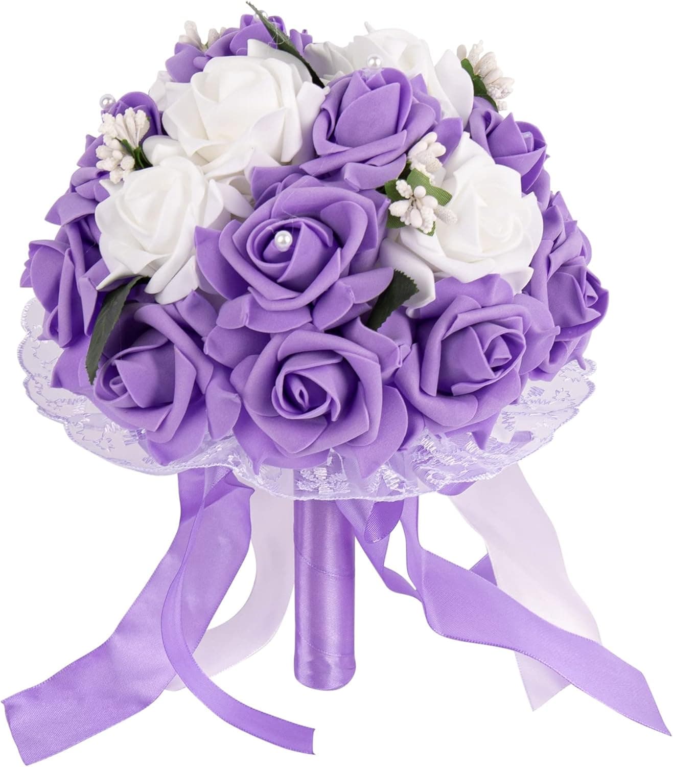 AUEAR, Wedding Bouquets Flower Bridal Bridesmaid Hand Bouquet Pearl Silk Artificial Rose Flowers for Bride Wedding Party and Church (Purple)