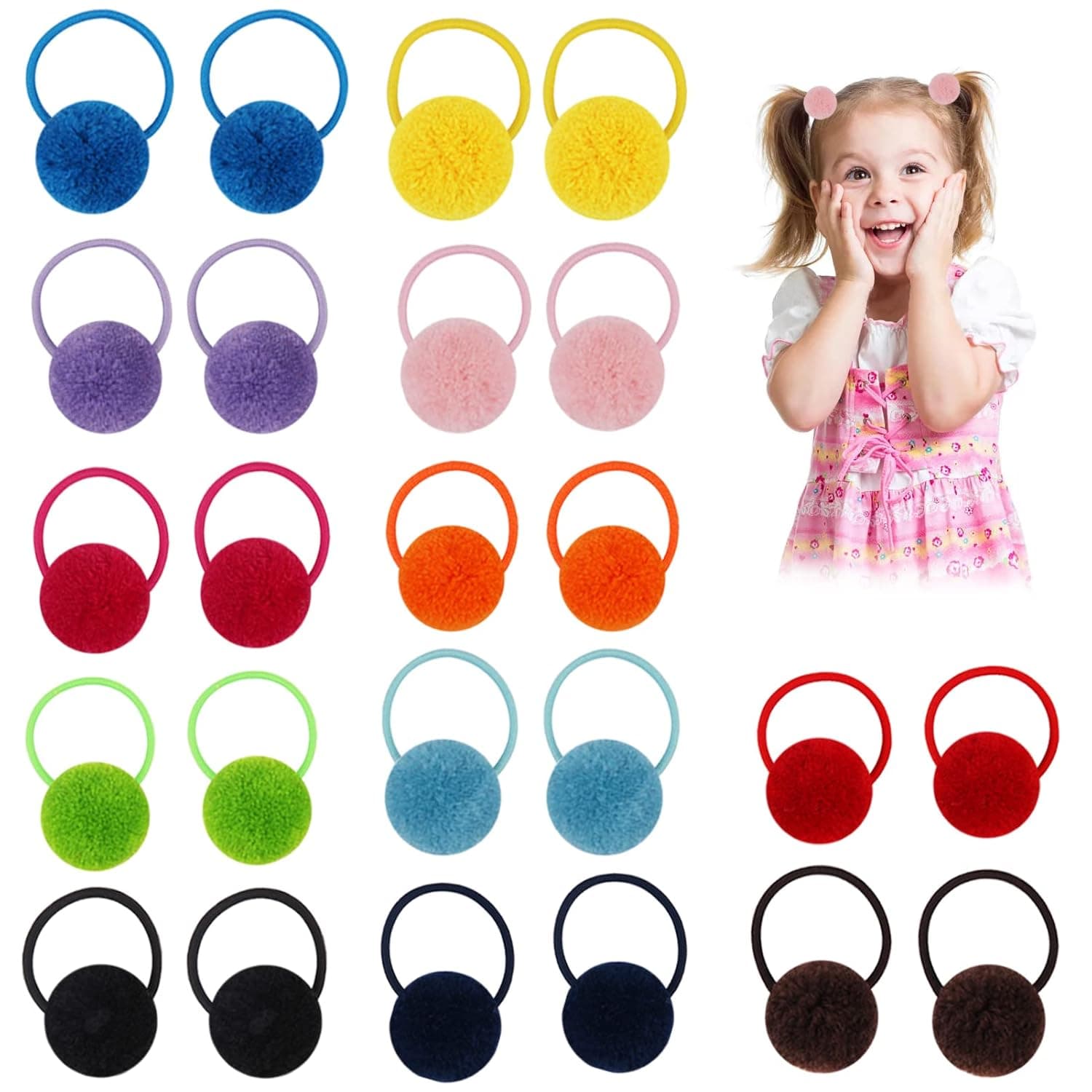 Pom Pom Hair Ties, 24Pcs Pom Pom Elastic Hair Ties Fluffy Hair Band for Girls Pompom Hair Band Pompom Balls Fur Balls Ponytail Holders for Women Girls Toddlers Kids Pigtail