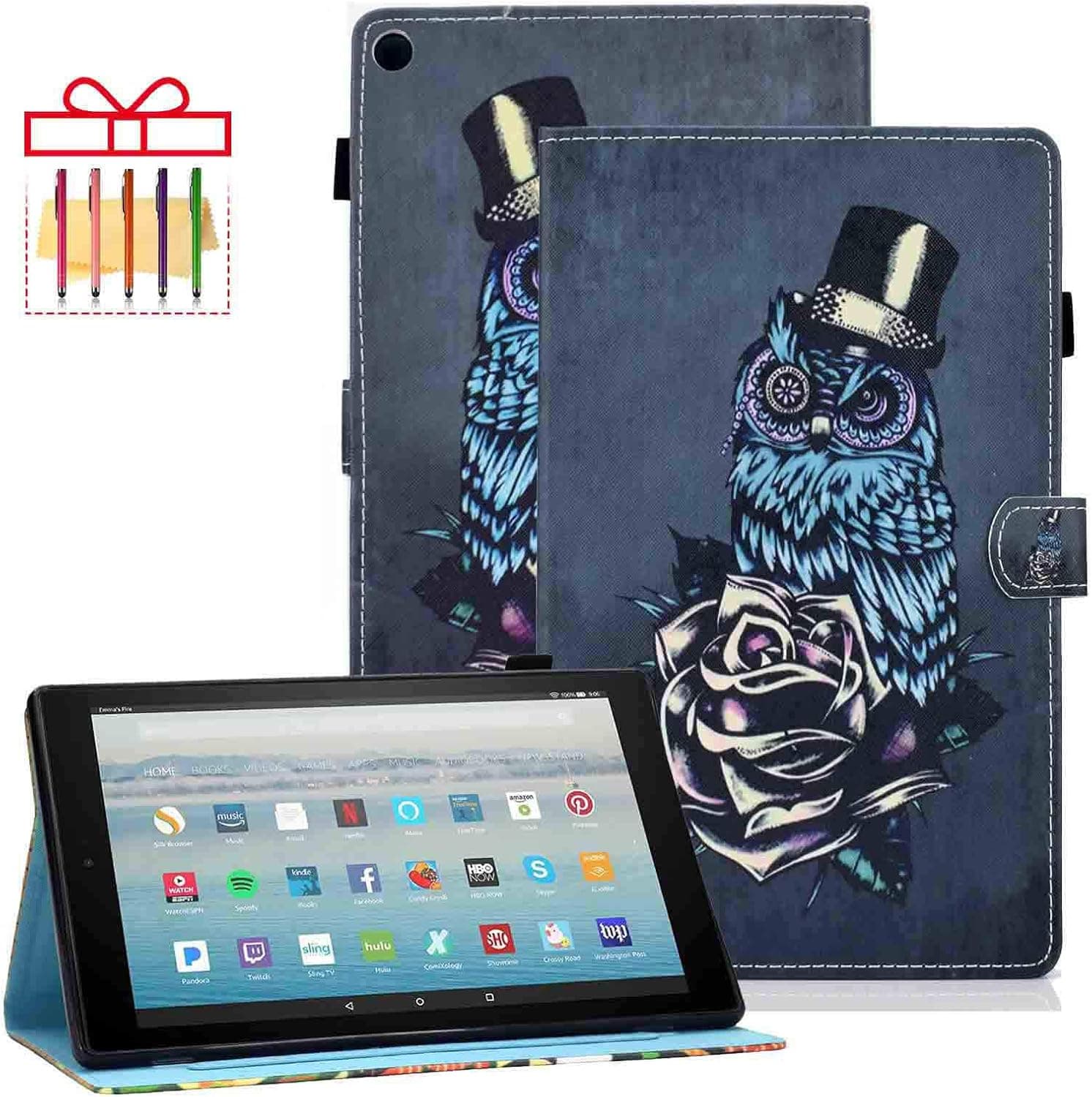 Fire HD 10 Case, Popbag Protective Leather Wallet Case Adjustable Stand Auto Wake/Sleep Smart Case for Kindle Fire HD 10 Tablet (9th/7th/5th Generation, 2019/2017/2015 Release),Rose Owl