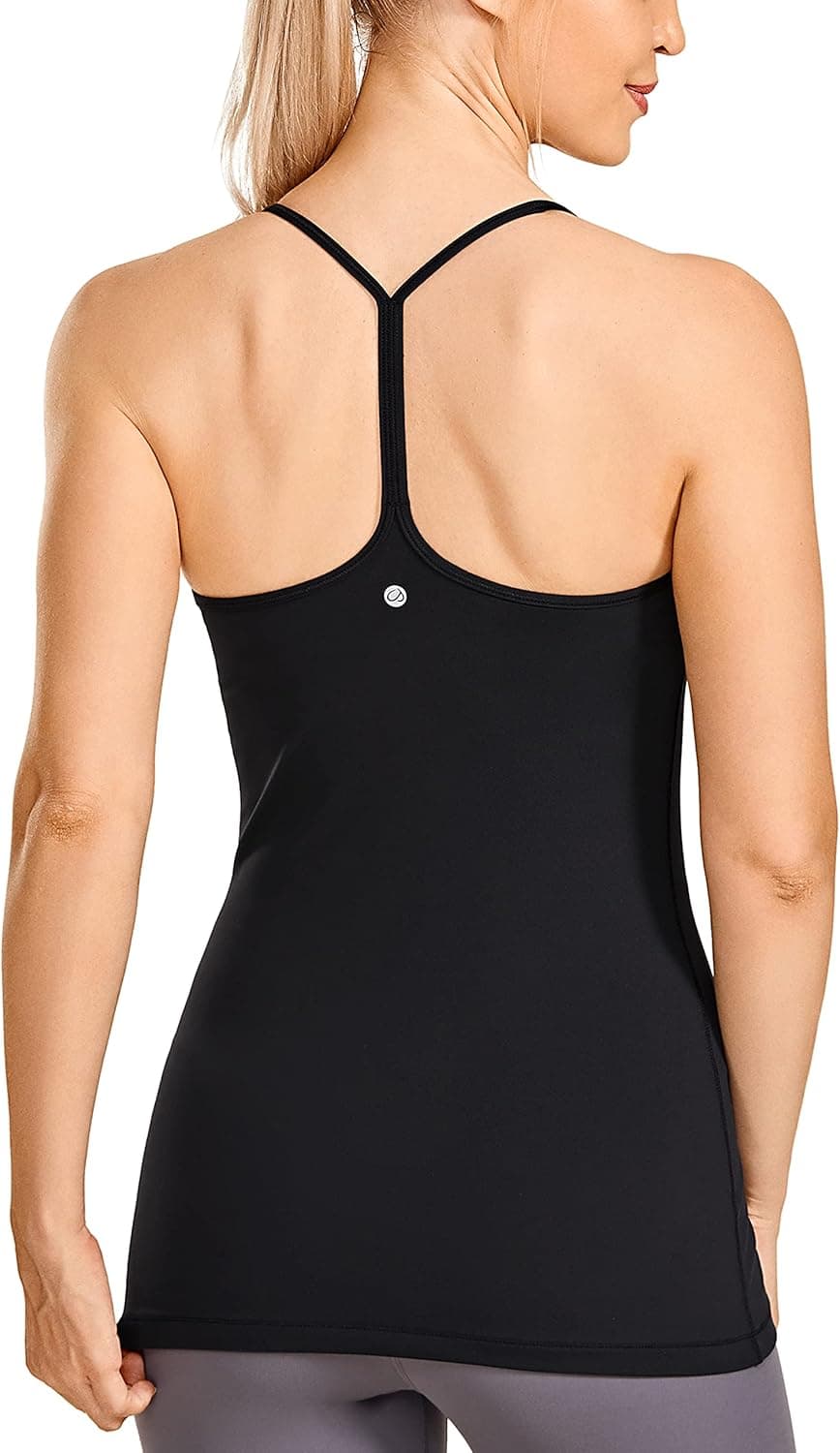 CRZ YOGA Women's Y Back Spaghetti Strap Workout Tank Tops - with Built in Shelf Bra Sports Camisole Padded Long Length