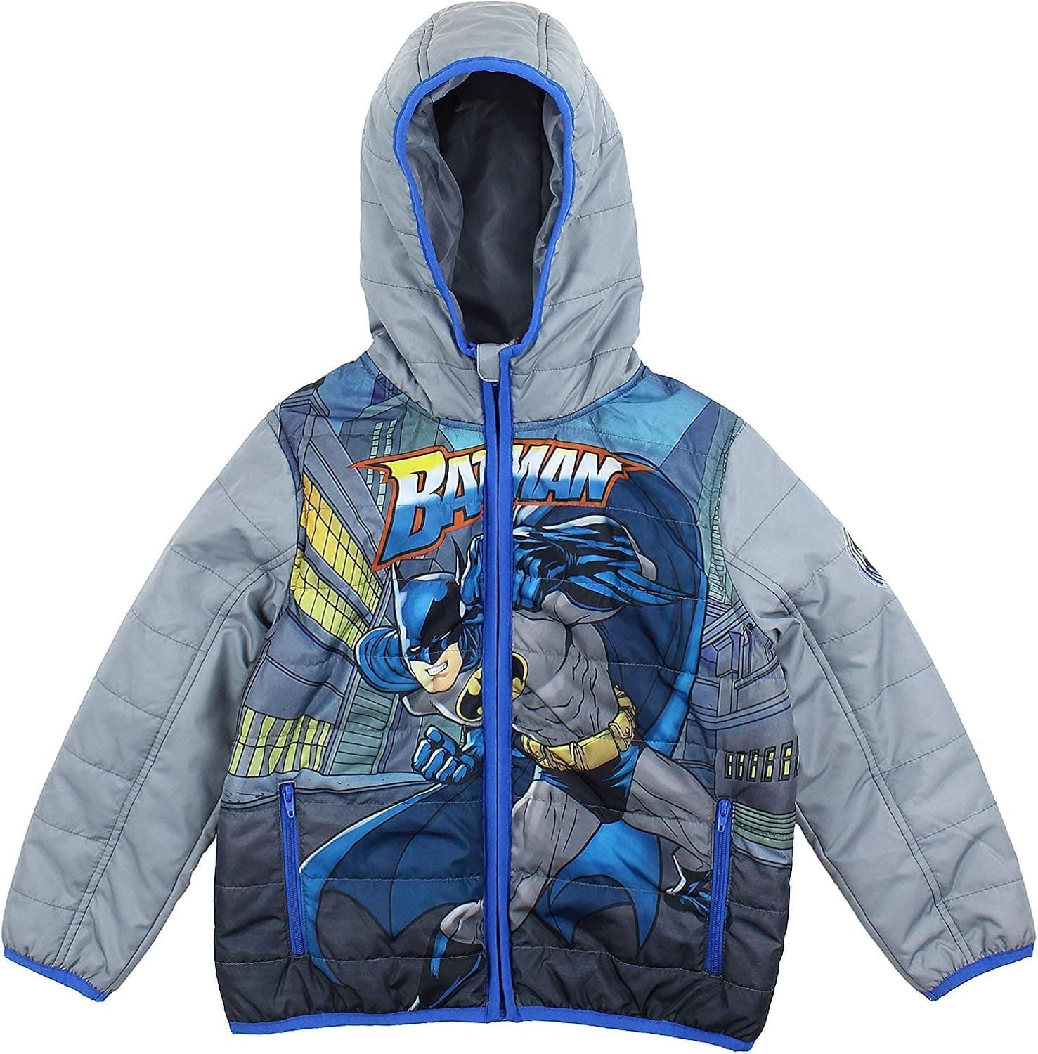 DC Comics Boy's Batman Puffer Hoodie Jacket, Grey/Blue, 7