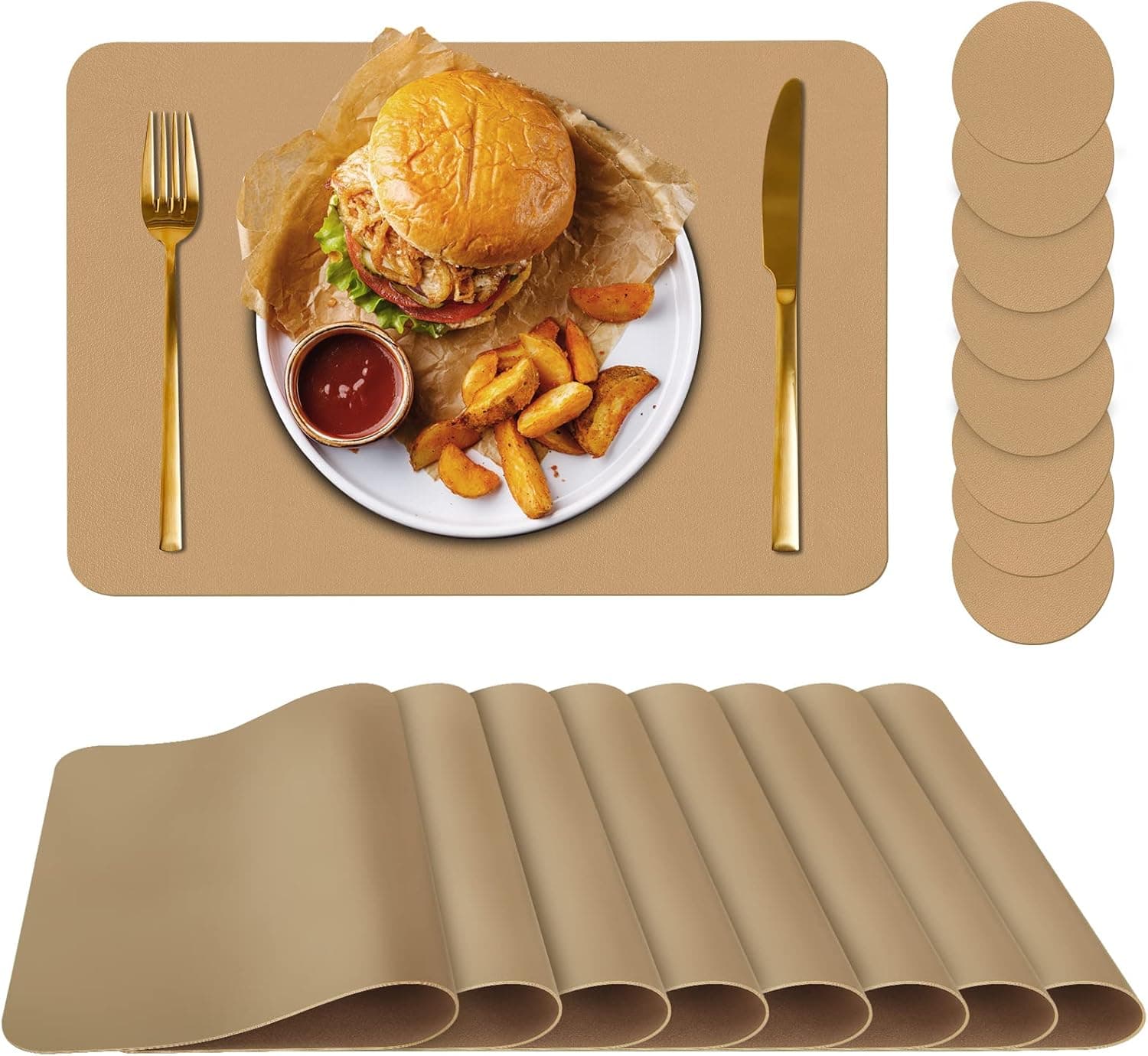 Placemats Set of 8, Placemat with Coasters Heat Stain Scratch Resistant Non-Slip Waterproof Oil-Proof Washable Wipeable Outdoor Indoor for Dining Patio Table Kitchen Decor and Kids，(Apricot, 8)