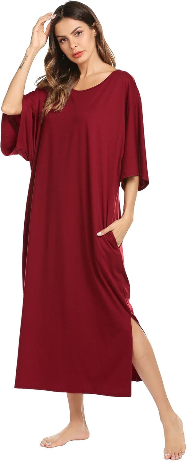 Ekouaer Womens V-Neck Cotton Nightgown Oversized Loose Fit Long Sleep Dress, A_purplish Red, Large