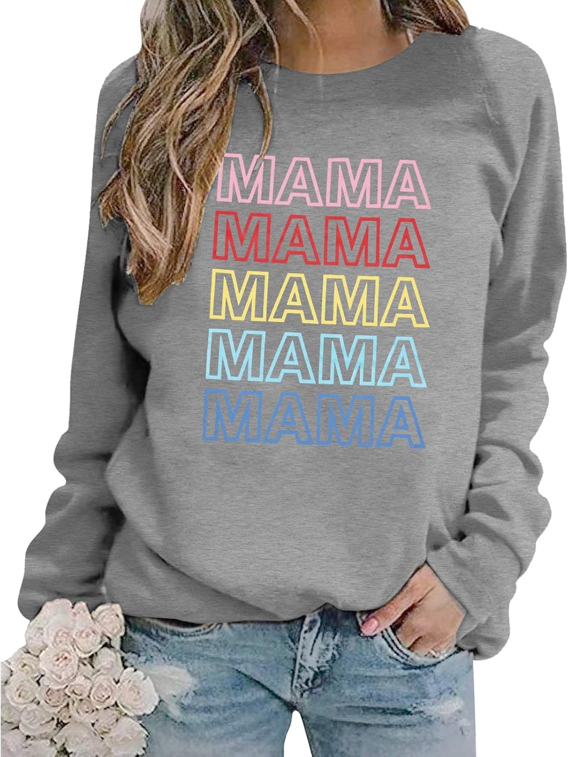 Mama Sweatshirt Women Funny Letter Print Mama Mama Blouse Tops Casual Fall Long Sleeve Pullover Tees
