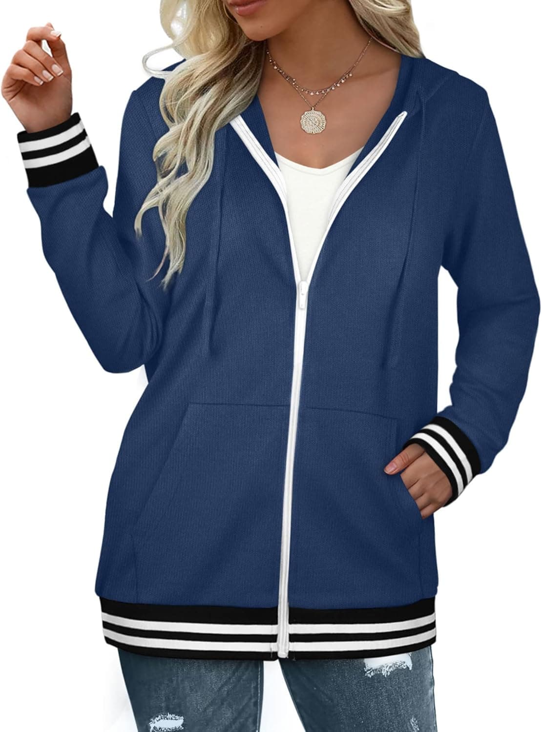 Aokosor Lightweight Zip Up Hoodies for Women Hooded Striped Sweatshirts Long Sleeve Thin Jacket with Zipper
