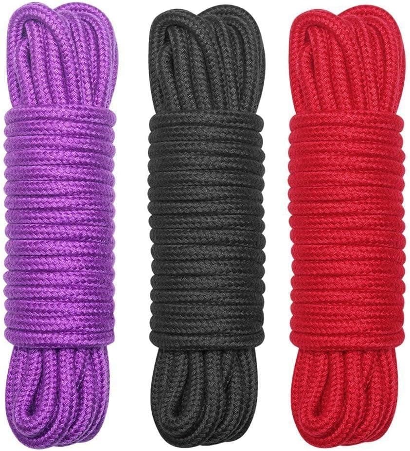 BONTIME All-Purpose Cotton Rope - Soft and Sturdy for Indoor & Outdoor Use, 32 Feet Length, 1/3-Inch Diameter (Black, Purple, Red Pack of 3)