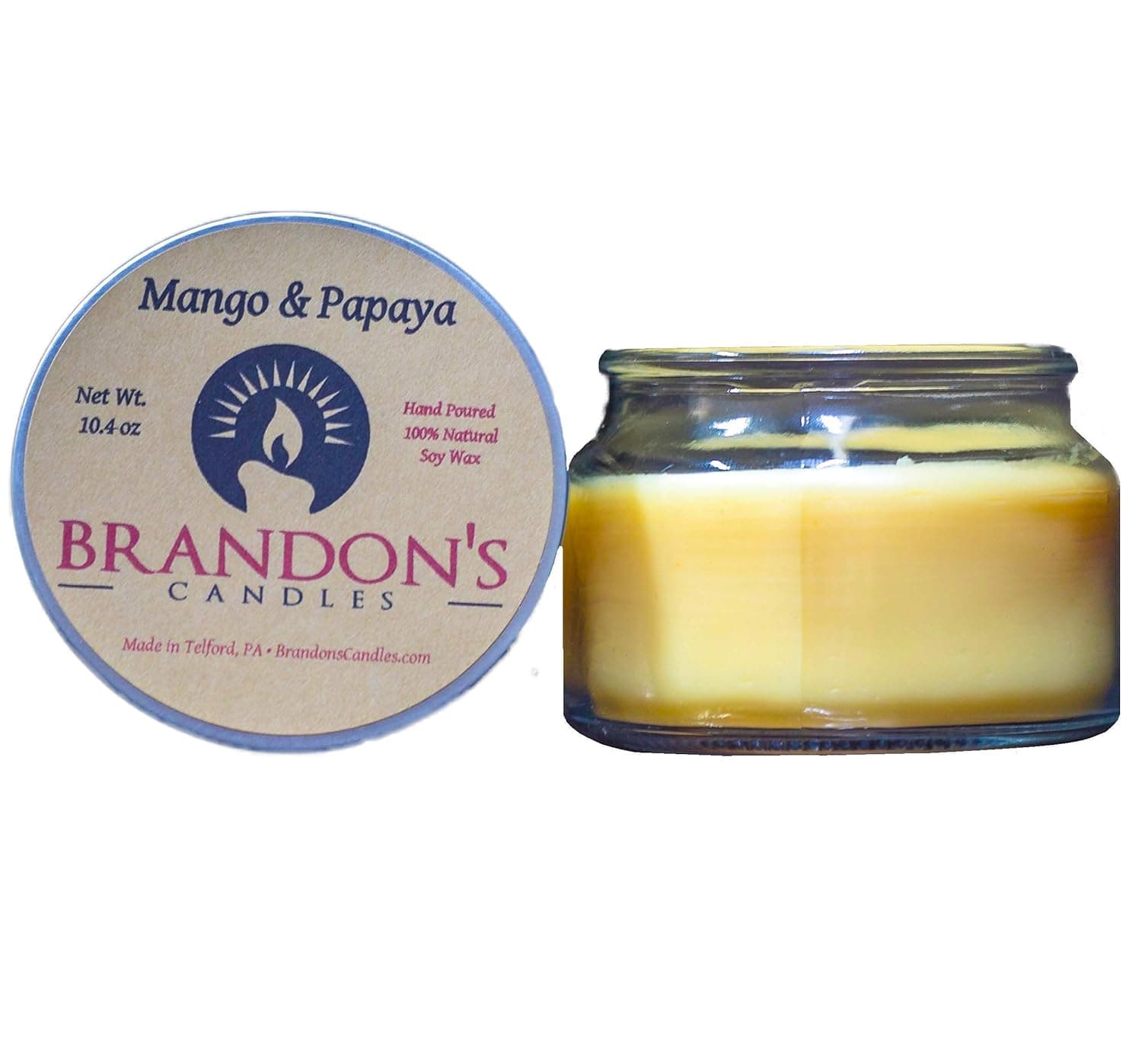 100% Soy Hand Poured Candle, Mango & Papaya Scented, Yellow Jar Candle, 10.4 oz.