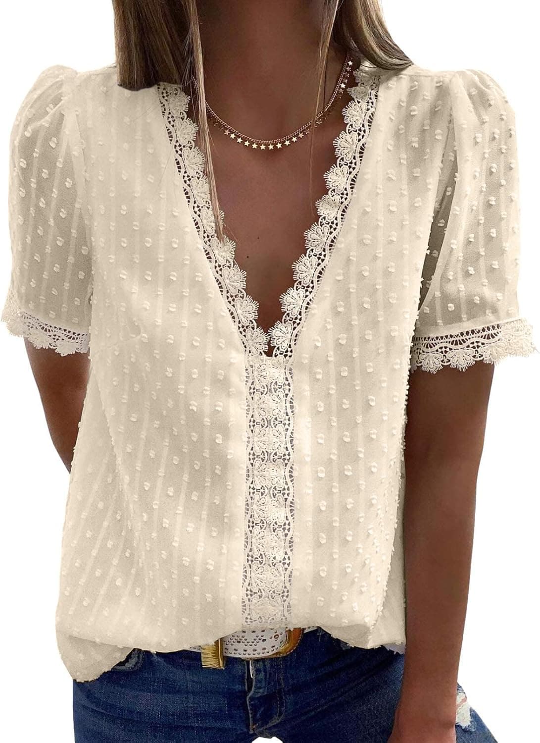 SUPRELOOK Women's V Neck Lace Crochet Tops Casual Loose Long Sleeve Swiss Dot Tops Tunic Shirts Blouses