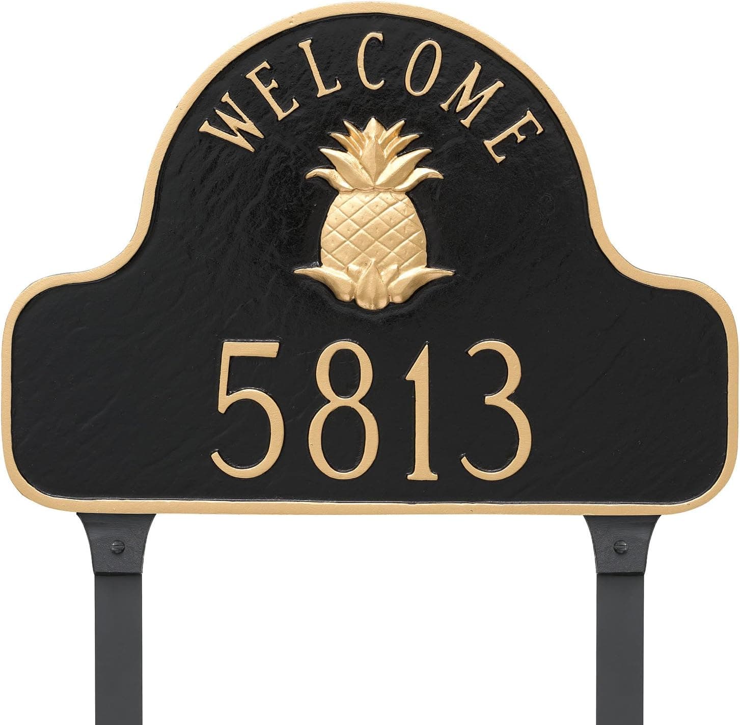 Montague Metal Pineapple Welcome Arch Full Address Sign Plaque with Lawn Stakes, 11" x 16", Brick Red/Gold