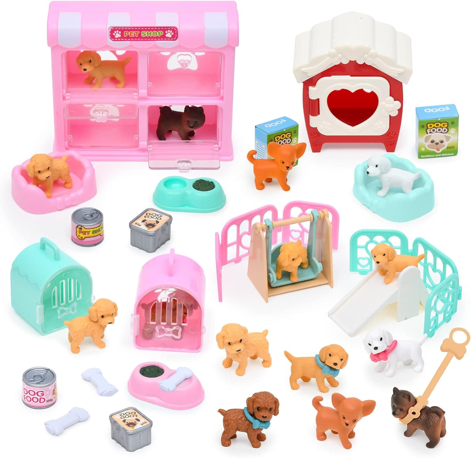 Lorfancy 35 Pcs Pretend Play for Toddlers Kids Dog Toys Playset Girls Pet Dog Figures Realistic Dog Care Role Play Educational Toys Birthday Gift for 4 5 6 Year Old