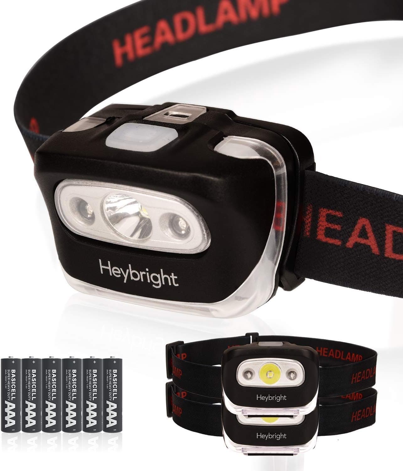 Heybright 2 Pack LED Headlamp with Red Safety Light 8 Lighting Modes for Adults and Kids 300 Lumen 6 X AAA Batteries Included