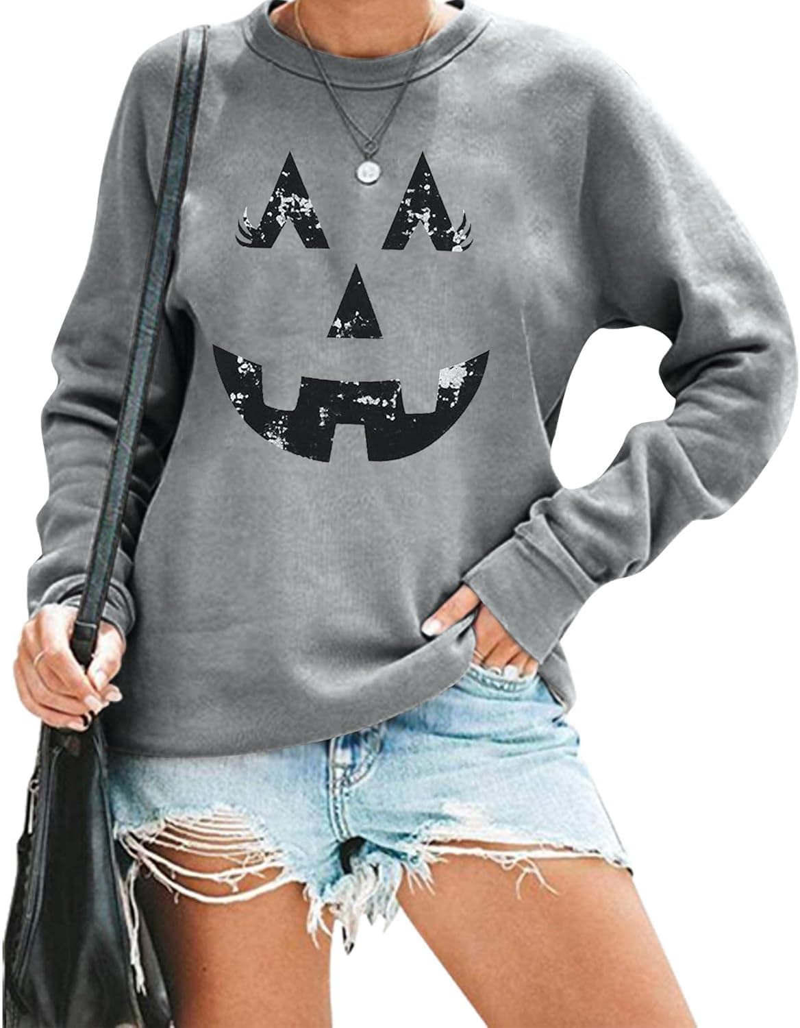Pumpkin Face Sweatshirts Womens JackoLantern Sweatshirt Funny Halloween Party Pullover Tops