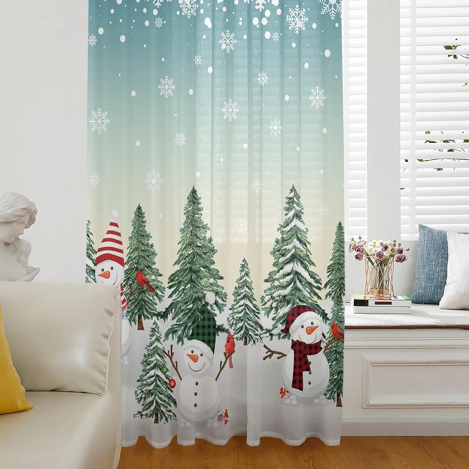 Greday Christmas Semi Sheer Curtains & Drapes for Living Room, Snowman Snowflake Winter Xmas Plaid Tree Turquoise Kitchen Bedroom Window Curtains 84 Inches Long Pocket Chiffon Voile Sheer Drapes