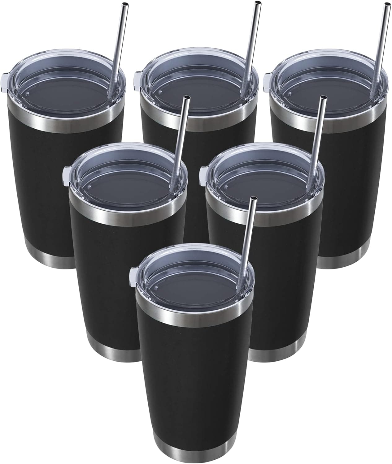 MUCHENGHY 20oz Stainless Steel Tumbler with Lid and Straw, Double Wall Vacuum Insulated Travel Coffee Mug, Powder Coated Thermal Cup for Cold & Hot Drinks(Black, 6 Pack)