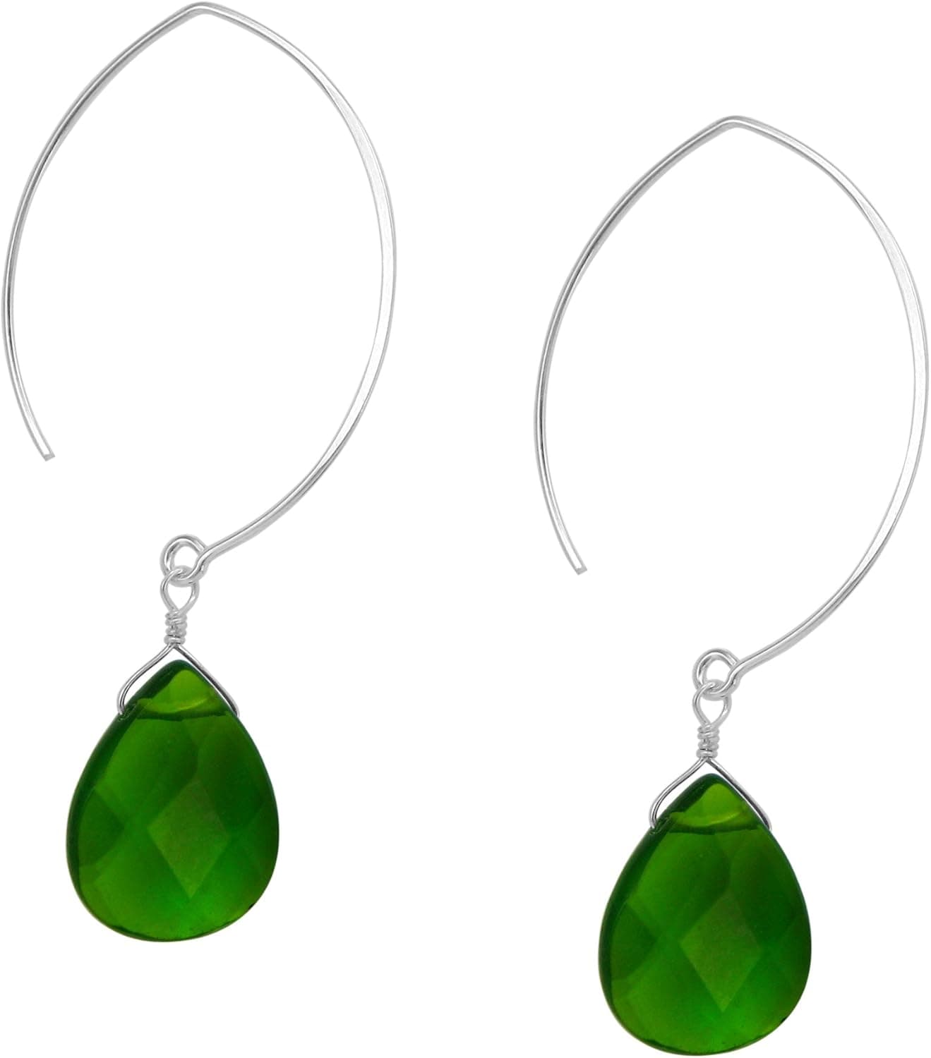 Teardrop Stone on Modern Marquise Sterling Silver Hook Earrings, Green