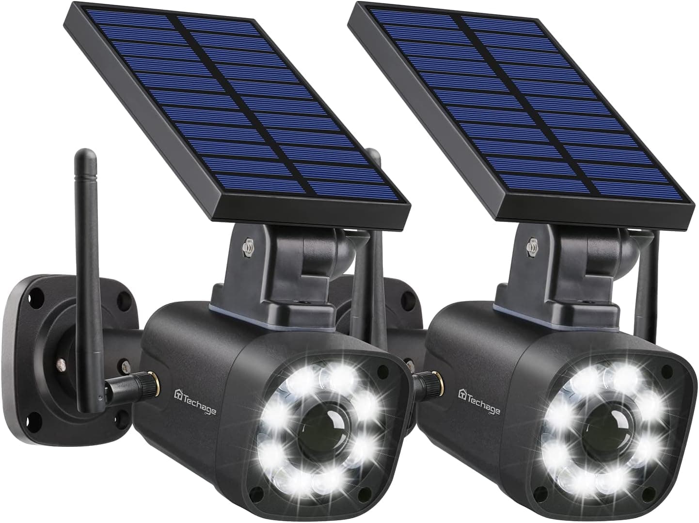 Techage SL669, Solar Battery Powered, Fake Security Camera, Dummy Cameras, Motion-Activated Floodlights, Realistic Look, Easy to Install, IP66 Waterproof, Warning Sticker Included, Pack of 2(Black)