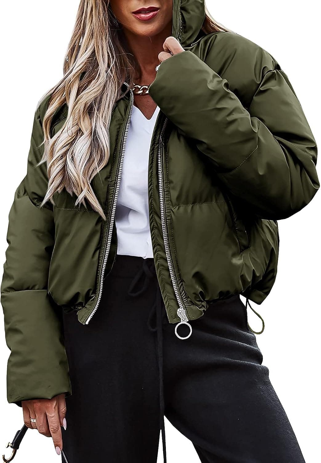Womens Zip Up Quilted Puffer Jacket Long Sleeve Pocketed Warm Winter Crop Bubble Coats